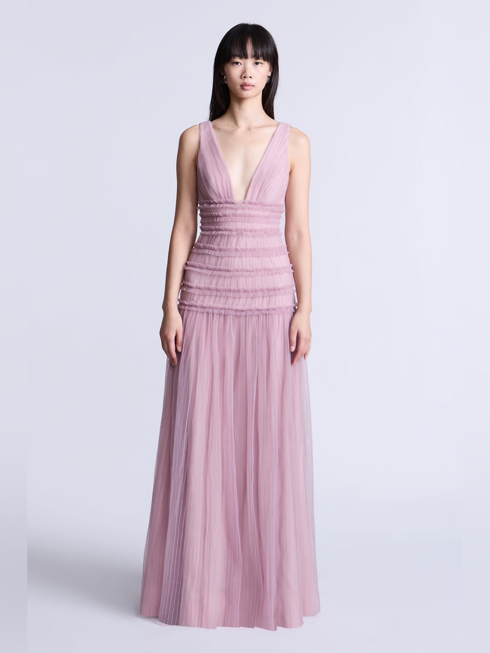 BCBGMaxAzria Iris Gown Dusty Rose Plunging V-Neck Tulle Maxi